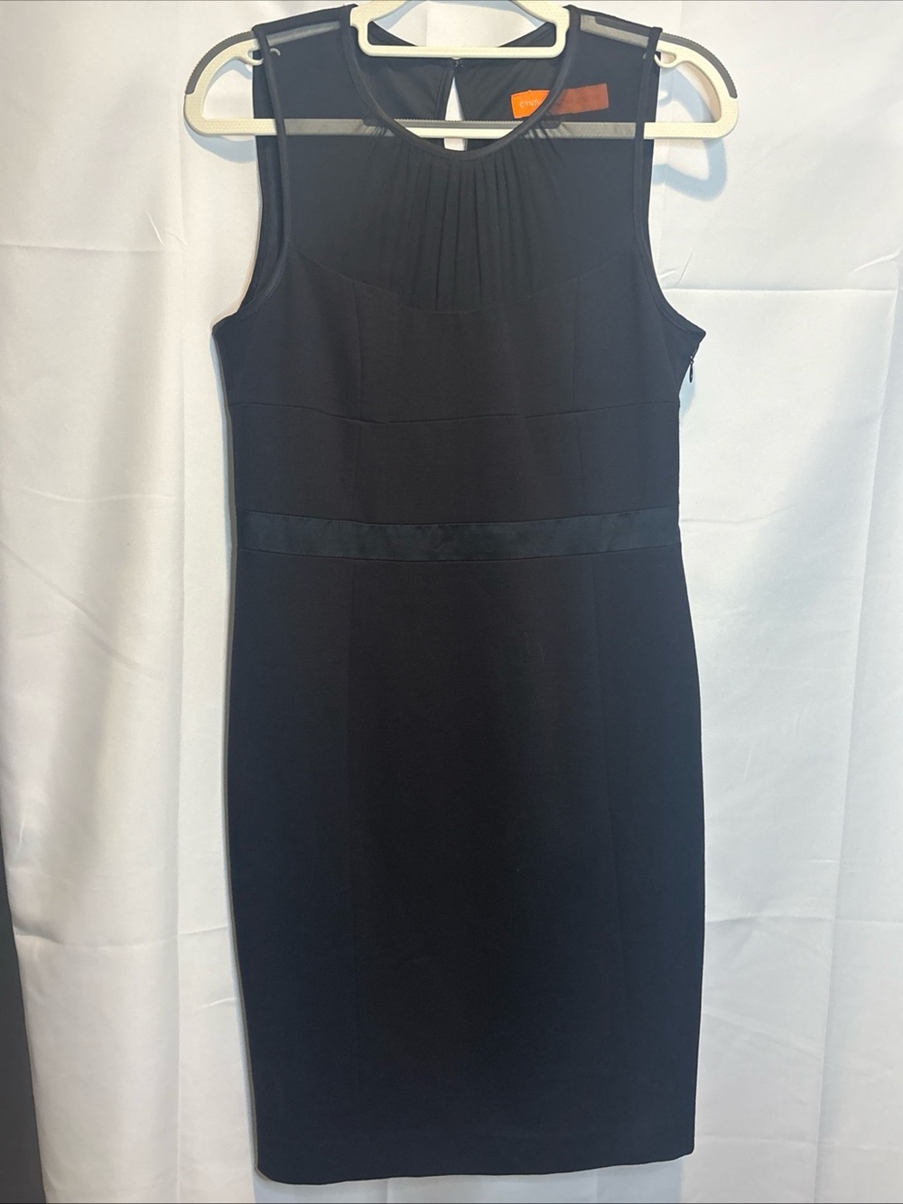 Cynthia Steffe Black Pleated Neck Midi Sheath Dress